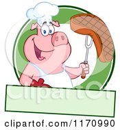 Poster, Art Print Of Chef Pig Holding A Beef Steak On A Bbq Fork Over A Green Circle And Banner