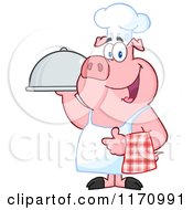 Cartoon Of A Chef Pig Standing With A Cloche Platter Royalty Free Vector Clipart by Hit Toon