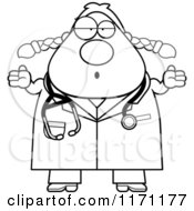 Cartoon Clipart Of A Careless Shrugging Female Surgeon Doctor Or Veterinarian Vector Outlined Coloring Page