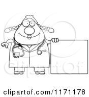 Cartoon Clipart Of A Happy Female Surgeon Doctor Or Veterinarian With A Sign Vector Outlined Coloring Page