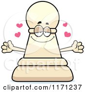 Cartoon Of A Loving White Chess Pawn Mascot Wanting A Hug Royalty Free Vector Clipart