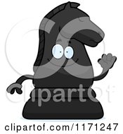 Cartoon Of A Waving Black Chess Knight Mascot Royalty Free Vector Clipart