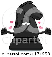 Cartoon Of A Loving Black Chess Knight Mascot Wanting A Hug Royalty Free Vector Clipart
