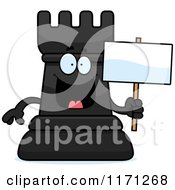 Poster, Art Print Of Happy Black Chess Rook Mascot Holding A Sign