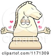 Cartoon Of A Loving White Chess Knight Mascot Wanting A Hug Royalty Free Vector Clipart