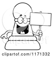 Cartoon Clipart Of A Happy Black Chess Pawn Mascot Holding A Sign Vector Outlined Coloring Page