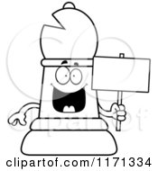 Cartoon Clipart Of A Happy Black Chess Bishop Piece Holding A Sign Vector Outlined Coloring Page