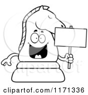 Cartoon Clipart Of A Happy Black Chess Knight Mascot Holding A Sign Vector Outlined Coloring Page