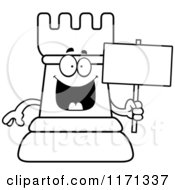 Cartoon Clipart Of A Happy Black Chess Rook Mascot Holding A Sign Vector Outlined Coloring Page