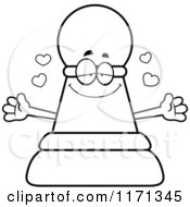 Cartoon Clipart Of A Loving Black Chess Pawn Mascot Wanting A Hug Vector Outlined Coloring Page