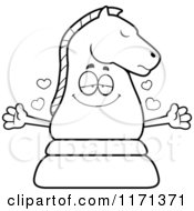 Cartoon Clipart Of A Loving Black Chess Knight Mascot Wanting A Hug Vector Outlined Coloring Page