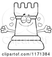 Cartoon Clipart Of A Loving Black Chess Rook Mascot Wanting A Hug Vector Outlined Coloring Page