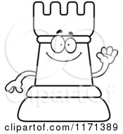 Cartoon Clipart Of A Waving Black Chess Rook Mascot Vector Outlined Coloring Page