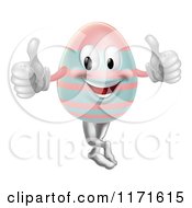 Cartoon Of A Striped Pink And Blue Easter Egg Mascot Holding Two Thumbs Up Royalty Free Vector Clipart