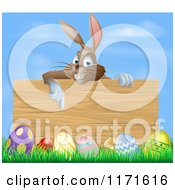 Poster, Art Print Of Brown Easter Bunny Rabbit Pointing Down At A Wood Sign Over Eggs In Grass