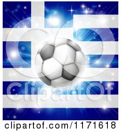 Poster, Art Print Of Soccer Ball Over A Greek Flag With Fireworks