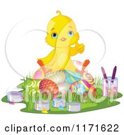 Poster, Art Print Of Cute Easter Chick Giving A Thumbs Up And Sitting On Painted Eggs