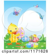 Poster, Art Print Of Cute Easter Duck With Decorated Eggs By A Frame With Butterflies