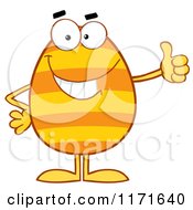 Cartoon Of A Striped Orange Egg Mascot Holding A Thumb Up Royalty Free Vector Clipart