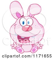 Cartoon Of A Happy Pink Bunny Sitting Royalty Free Vector Clipart