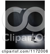 Clipart Of A 3d Lone Man Standing In A Dark Room With Light Shining Down From A Ceiling Royalty Free CGI Illustration