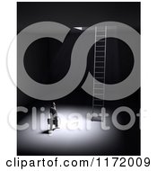Poster, Art Print Of 3d Lone Businessman In A Dark Room Facing A Ladder Under A Window Of Light