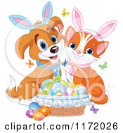 Cute Kitten And Puppy With Bunny Ears And An Easter Basket Of Eggs