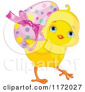 Poster, Art Print Of Cute Yellow Easter Chick Carrying A Polka Dot Egg On Its Back