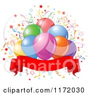 Poster, Art Print Of Colorful Party Balloons And Confetti Over A Blank Ribbon Banner