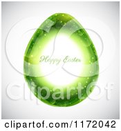 Cartoon Of A Happy Easter Greeting Over A Green Sparkly Egg On Gray Royalty Free Vector Clipart