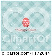 Cartoon Of A Happy Easter Greeting Under A Red Egg On Grungy Gingham Royalty Free Vector Clipart