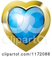 Poster, Art Print Of Heart Blue Diamond Or Gemstone With A Gold Frame