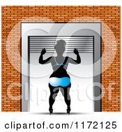 Clipart Of A Chubby Woman Opening A Roller Door In A Blue Bikini Royalty Free Vector Illustration