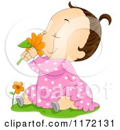 Poster, Art Print Of Brunette Baby Girl Sitting In Grass And Smelling A Red Daisy