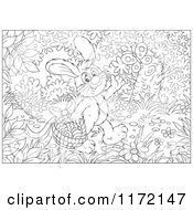 Cartoon Of An Outlined Easter Bunny Waving And Carrying A Basket Through The Woods Royalty Free Vector Clipart