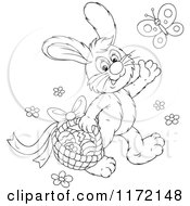 Poster, Art Print Of Outlined Easter Bunny Waving And Carrying A Basket Under A Butterfly