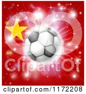 Soccer Ball Over A Chinese Flag With Fireworks