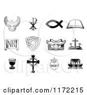 Poster, Art Print Of Black And White Dove Chi Ro Fish Bible Inri Trinity Christogram Cross Communion Cup And Ark Christian Icons