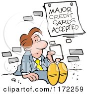 Poster, Art Print Of Man Sitting With A Cell Phone Under A Major Credit Cards Accepted Sign