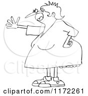 Cartoon Of An Outlined Mad Woman Shouting And Holding Out An Arm Royalty Free Vector Clipart