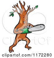 Clipart Of A Happy Arborist Tree Holding A Saw Royalty Free Vector Illustration