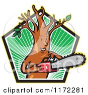 Clipart Of A Happy Arborist Tree Holding A Saw In A Pentagon Of Green Rays Royalty Free Vector Illustration by patrimonio
