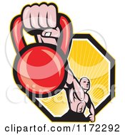 Poster, Art Print Of Muscular Man Holding Out A Kettlebell Over A Hexagon Of Rays