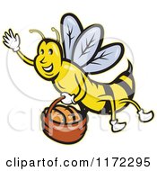 Clipart Of A Waving Bee Flying With A Basket Of Bread Royalty Free Vector Illustration