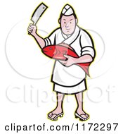 Clipart Of A Japanese Fishmonger Or Chef Holding A Fish And Knife Royalty Free Vector Illustration by patrimonio
