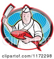 Clipart Of A Japanese Fishmonger Or Chef Holding A Fish And Knife In A Ray Oval Royalty Free Vector Illustration