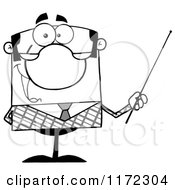 Cartoon Of A Happy Grayscale Businessman Or Professor Holding A Pointer Stick Royalty Free Vector Clipart