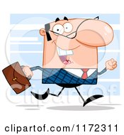 Cartoon Of A Happy White Businessman Running With His Briefcase Over Blue Royalty Free Vector Clipart by Hit Toon