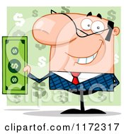 Cartoon Of A Smiling White Businessman Holding Cash And One Hand Behind His Back Over Green Question Marks Royalty Free Vector Clipart by Hit Toon