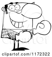 Cartoon Of A Grinning Grayscale Businessman Wearing Boxing Gloves Royalty Free Vector Clipart